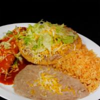 Tostada & Enchilada · Served with a cheese enchilada with salsa enchilada, cheese and lettuce on top, and a bean t...