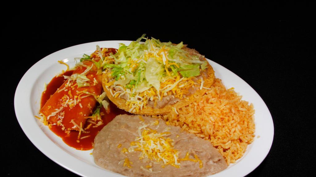 Tostada & Enchilada · Served with a cheese enchilada with salsa enchilada, cheese and lettuce on top, and a bean tostada with lettuce and cheese on it, and rice and beans on the side.