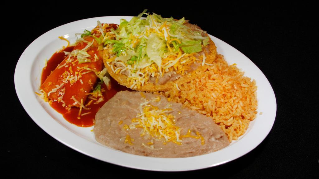 Tostada & Taco · Served with bean tostada with lettuce and cheese. Shredded crispy beef taco with lettuce, cheese, and rice and beans on the side.