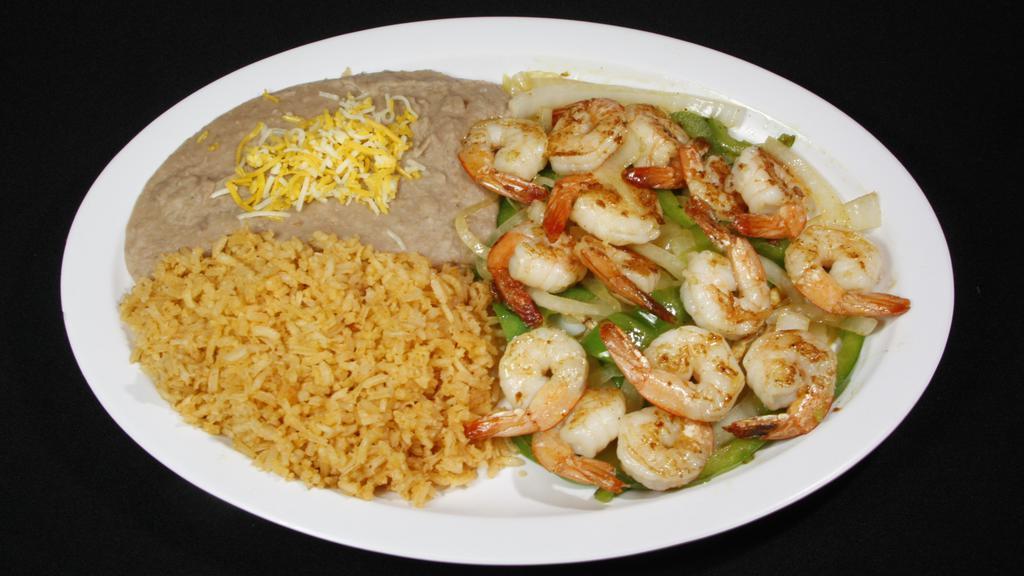 Shrimp Plate · Shrimp with bell peppers and onions and rice and beans on the side. Your choice of corn or flour tortillas.