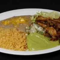Grilled Chicken · Grilled chicken with guacamole, pico de gallo and lettuce and rice and beans on the side. Yo...