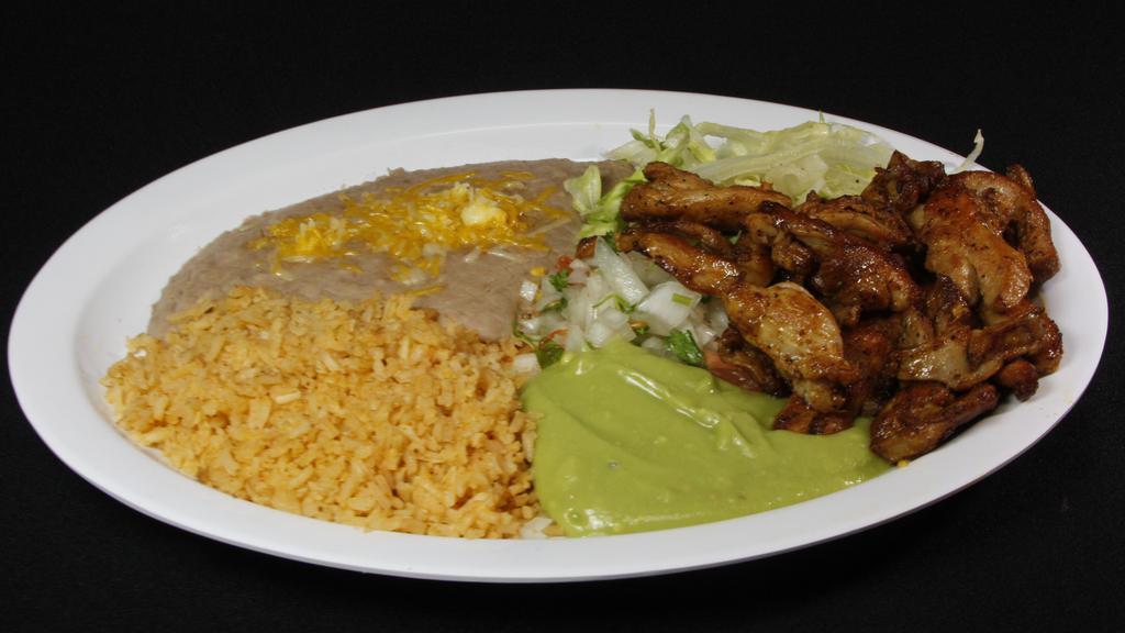 Grilled Chicken · Grilled chicken with guacamole, pico de gallo and lettuce and rice and beans on the side. Your choice of flour or corn tortillas.