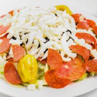 Antipasto Salad · Lettuce, tomatoes, cucumbers, olives, peperoncini peppers, ham & pepperoni with shredded moz...