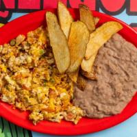 Huevos À La Mexicana · Three eggs scrambled with serrano peppers, onions, and tomato. Accompanied with fries and re...