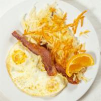 Eggs (2) · Any style with your choice of bacon, sausage or ham. Served with hash browns and toast or bi...