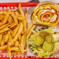Cheeseburger · Beef, lettuce, onions, tomato, pickles, ketchup, mayo, cheese and French fries.
