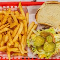 Hamburger · Beef, lettuce, onions, tomato, pickles, ketchup, mayo and French fries.