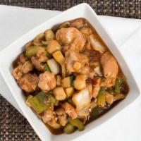 #102. Kung Pao Chicken · Hot & spicy. Diced chicken sauteed with bell pepper, onions and roasted peanuts in hot spicy...