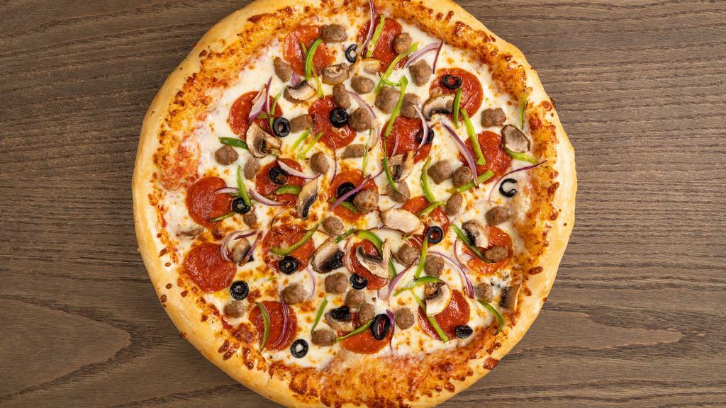 Supreme Pizza  · Pepperoni, beef, Italian sausage, black olives, onions, and mushrooms, green peppers.