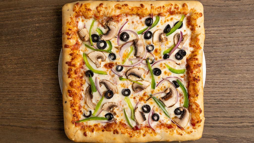 Garden Veggie Pizza  · Onions, green peppers, black olives, and mushrooms.