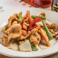 Thai Cashew Nut · Breaded protein stir fried with onion, green onion, carrots, bell pepper, dried chili, and c...