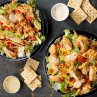 Grilled Chicken Salad · Comes with salad mix, tomatoes, saltine crackers, bacon bits, cheese, and a choice of honey ...