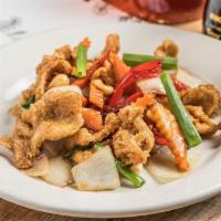 Thai Cashew Nut · Breaded protein stir fried with onion, green onion, carrots, bell pepper, dried chili, and c...