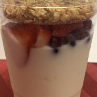 Yogurt Parfait · Vanilla yogurt with fresh blueberries, strawberries, and granola.