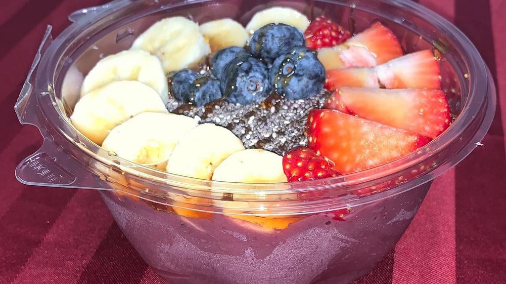 Fruity Chia Seed Acai Bowl · Blueberries, Chia Seeds, Strawberries, Bananas, & Honey