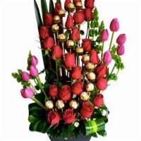 Happily In Love · Comes with 30 red roses, 10 pink tulips and 15 chocolates in a black box.