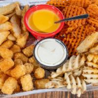 French Fry Platter · Waffle fries, sweet potao waffle fries, potato wedges and tots served with a choice of 2 dip...