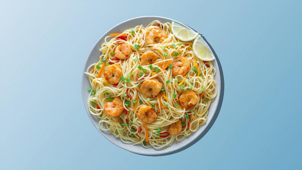 Shrimp Noodle Noods · Noodles stir-fried with fresh shrimp, fresh seasoned mixed vegetables, and Indo-Chinese sauces.