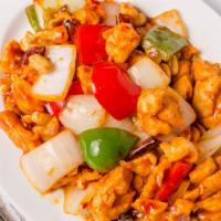 Ck05. Kung Pao Chicken · Sautéed with chicken breast, peanut, onion, water chestnut, carrot, red pepper in kung pao s...