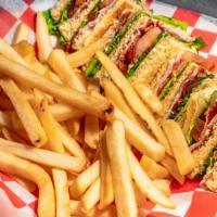 Club With Fries · Bread, Lettuce, Tomato, Ham, Turkey Bacon, and Mayo.