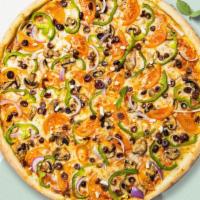 Gluten Free Veggie Pizza · Mushrooms, green peppers, onions and black olives baked on a 14