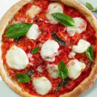 Gluten Free Margherita Pizza · Mozzarella, fresh tomato sauce, basil, and extra-virgin olive oil baked on a 14