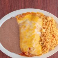 Burritos · CHOICE OF MEAT WITH SOUR CREAM, RICE, BEANS, AND LETTUCE