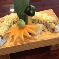 Crunchy Roll · Top: crunchy. In: shrimp tempura, avocado and jalapeno. Sauce: eel sauce, spicy mayo and swe...