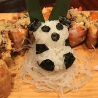 Angry Roll · Top: crunchy and masago (No rice) In: soft shell crab, kani, shrimp and jalapeno. Sauce: Eel...