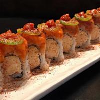 Hot Papa Roll · Top: spicy tuna, spicy salmon, jalapeno and chili powder. In : spicy chop kani. Sauce: srira...