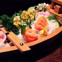 Miyabi Love Boat (For 2 Persons) · Ten pieces sushi (salmon x2, tuna x2, escolar x2, white fish x2. Eel x2) Ten pieces sashimi ...