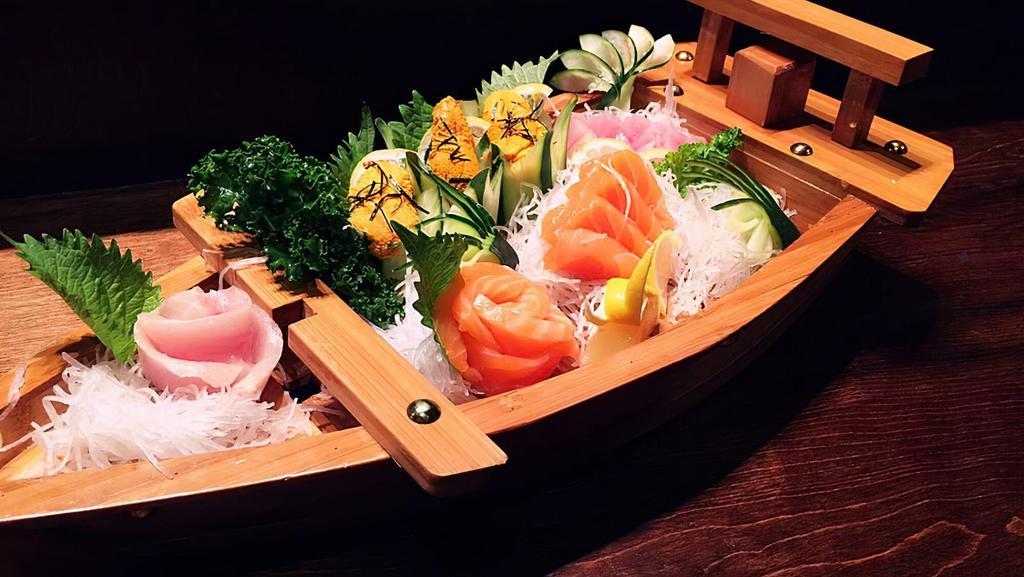 Miyabi Love Boat (For 2 Persons) · Ten pieces sushi (salmon x2, tuna x2, escolar x2, white fish x2. Eel x2) Ten pieces sashimi (salmon x2, tuna x2, escolar x2, octopus x2, squid x2) One roll (shaggy dog roll).