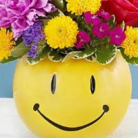 Good Day Smiley Bouquet · Bunches of blooms in uplifting colors are gathered into our keepsake smiley face container. ...