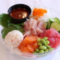 K-Pop Bowl (Large) · Yellowtail, tuna, salmon, spring mix, cucumbers, sweet onion, k-pepper sauce, masago, sesame...