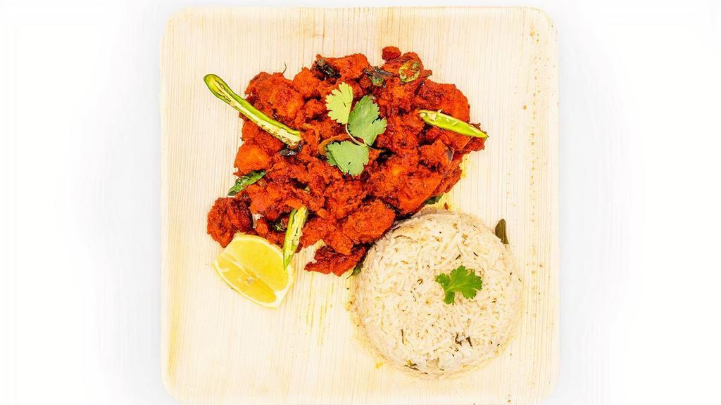 Chicken 65 · Spicy deep fried white meat snack sauteed w/ cashews, onions, chillies & assorted spices.
Served with Rice Pilaf.
