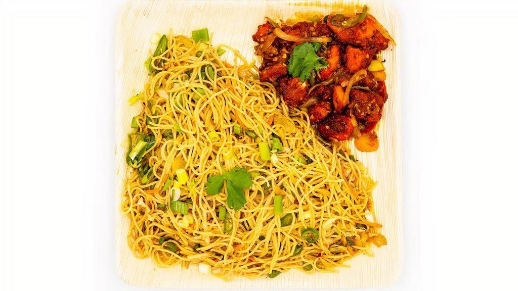 Chilli Chicken Noodles · Hakka Noodles street style made with an assortment of vegetables and served with half portion of chilli chicken