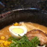 Miso Ramen · Ramen noodle soup served with bamboo shoot, corn, green onion, mung bean sprout, cooked egg ...