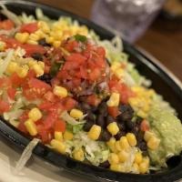 Burrito Bowl · Mexican rice, charro or black beans, shredded lettuce, pico de gallo, corn and your choice o...