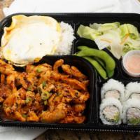 Spicy Chicken Teriyaki Bento · Spicy chicken teriyaki dish with a side salad, edamame, miso soup, steamed rice topped with ...
