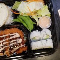 Chicken Cutlet Bento · Chicken cutlet dish with barbecue sauce and a side of salad, edamame, miso soup, steamed ric...