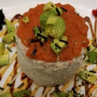 Ahi Tower Roll · Spicy. Crab meat, avocado, spicy tuna, four different tobiko and sauces.