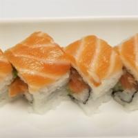 Salmon Love Roll · Salmon, avocado and cucumber topped with salmon.