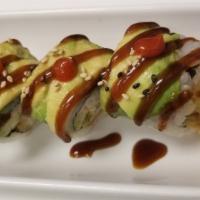 New Ninja Roll · Fried soft shell crab,  crab meat, cucumber and jalapeno topped with avocado.