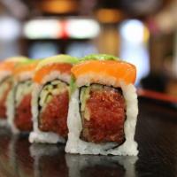 Sunset Roll · Spicy tuna roll topped with fresh salmon and avocado