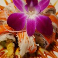 Temptation Roll · Shrimp tempura, crab, avocado, cream cheese topped with crab sticks and eel, spicy mayo, was...