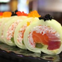 Chef'S Special Roll · 5 assorted fish, crab, asparagus, avocado wrapped in cucumber with red caviar (no rice)