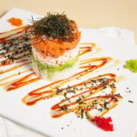 Tuna Tower · Spicy. Comprised layers of sushi rice, crab meat, avocado and spicy tuna topped with caviar ...
