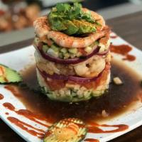 Torre De Mariscos · Cucumber, jicama, tomatoes, red onions, jumbo shrimp, scallops, fish, tajin octopus, avocado...