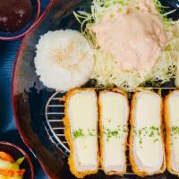 Cheese Katsu · Mozzarella block wrapped with very thin layer of pork loin Katsu.
Served with Cabbage salad,...