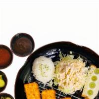 Tofu Katsu *Vegetarian · Tofu Katsu served with rice, cabbage salad, and fruit sando